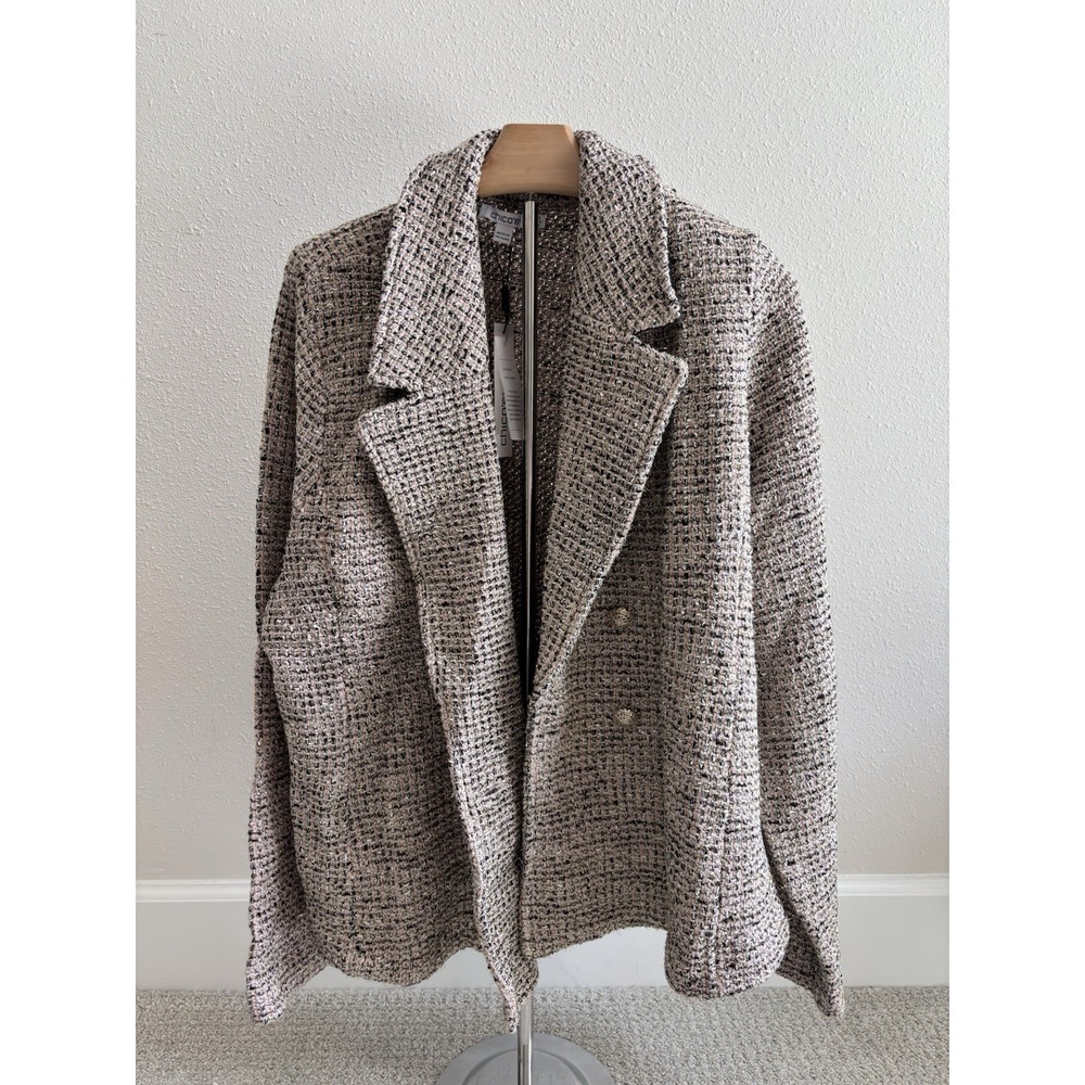 Chico's Double Breasted Tweed Blazer Smokey Taupe Metallic Gold Button 2 Large‎